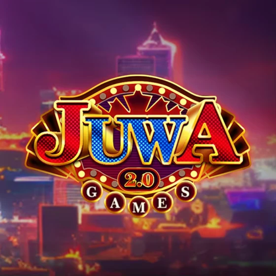 Juwa 2.0 Games logo: red and blue JUWA letters in a gold crown badge with fanned cards, a red 2.0 oval and GAMES on gold-ringed coins over a purple and red night city